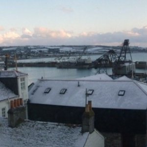 Snow over Penzance Harbour