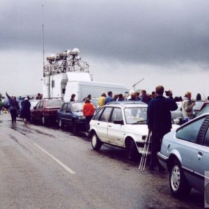 BBC TV live outside transmission vehicle and spectators gathered for the ec