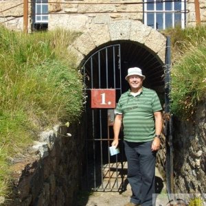Phil outside the Winding (Whim) Engine House of Levant Mine