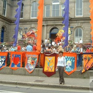 Golowan banners in front of St John's Hall, 2005