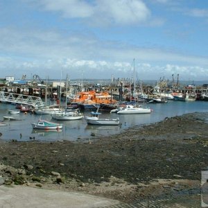 View of lifeboats and busy North Pier