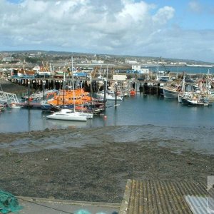 View of lifeboats and busy North Pier