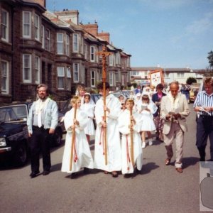 The May Procession, 1990, heads down Barwis Hill