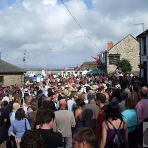 Crowds surround the Golowan Band - Men and Maids Dance