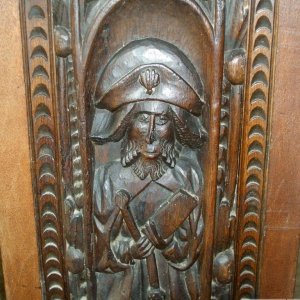 Bench end depicts a St James pilgrim -St Levan's Church - 17May10