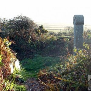 Modern cross and old chapel/oratory, Sancreed