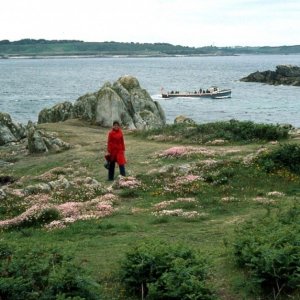 Jan walking among sea pinks, June, 1977, St Agnes, Scilly