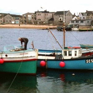 Boats in St mary's harbour at Hugh Town, 1977