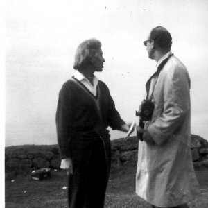Mrs Billy Butlin and a press photographer at Land's End