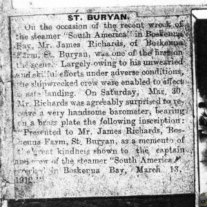 Press cutting re: wreck of SS South America at St Loy 13/03/1912