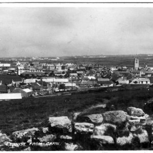St Just church town from up Carn