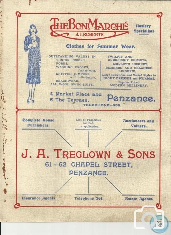 Back cover page -1933 - PENZANCE ROYAL REGATTA PROGRAMME