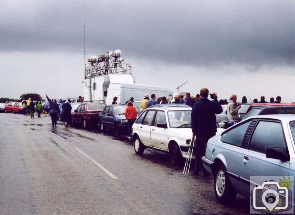 BBC TV live outside transmission vehicle and spectators gathered for the ec