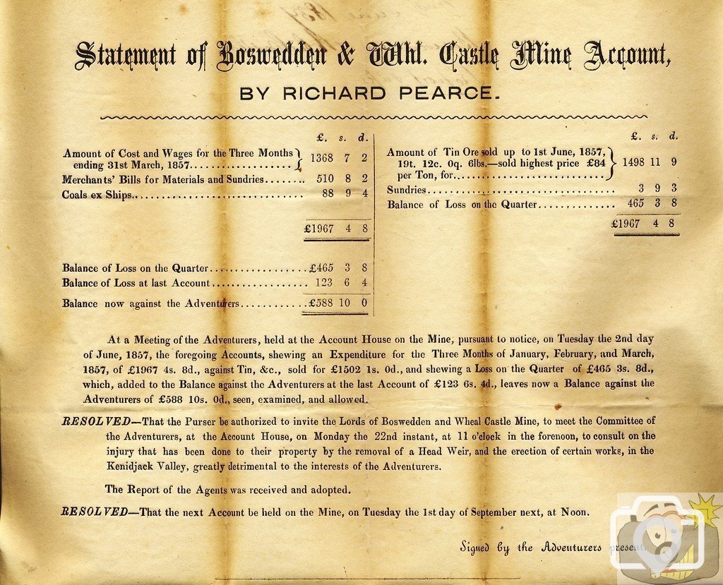 Boswedden and Wheal Castle - Accounts 1857