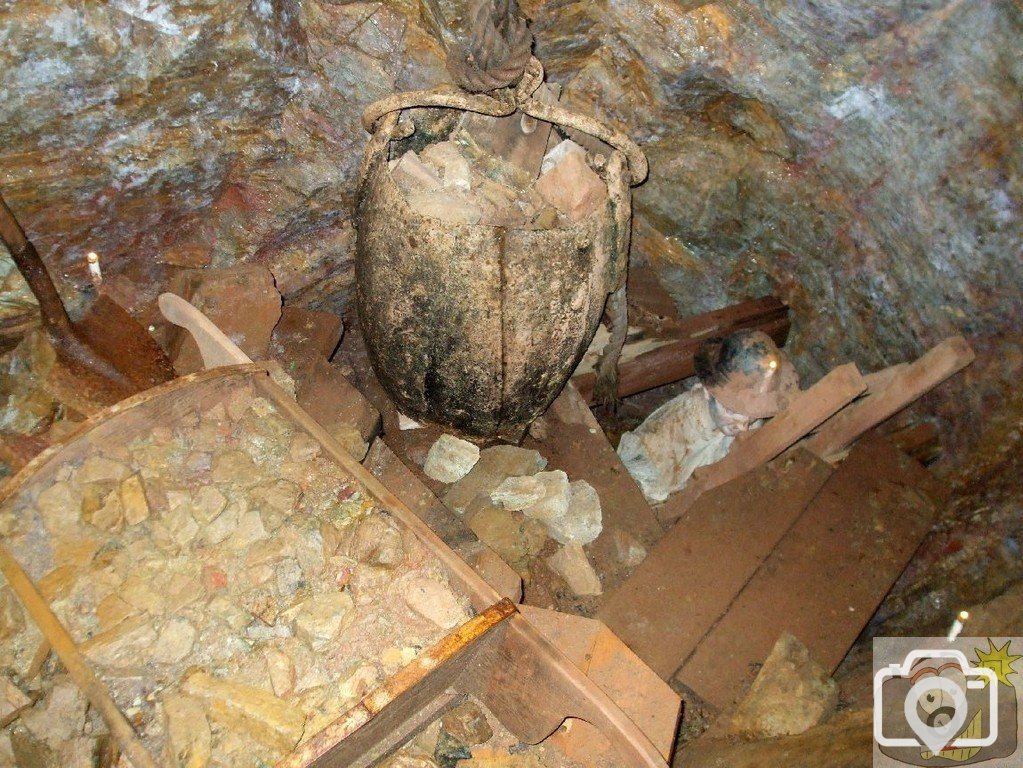 In the shaft, broken rock is hoisted up in a 'kibble'