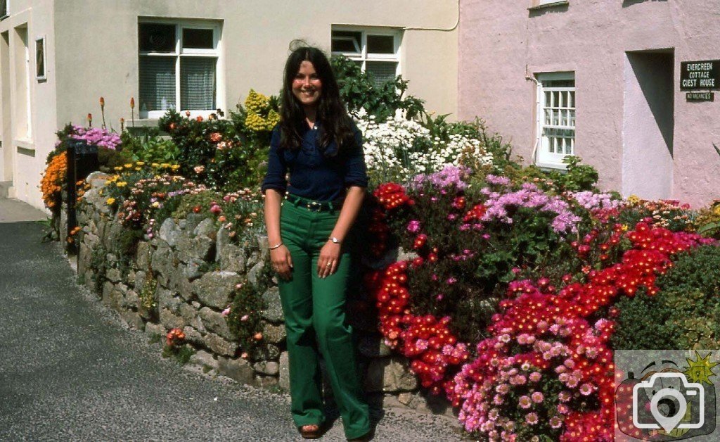 Jan by a garden in Hugh Town, Scilly