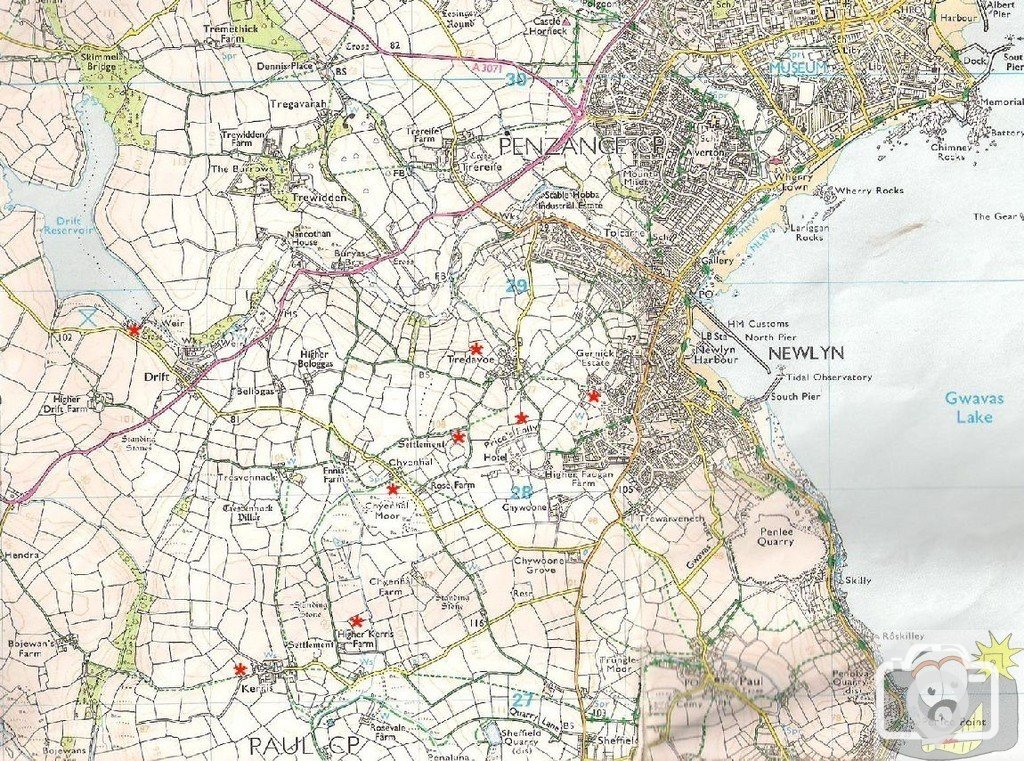 Map:  Price's Folly, Kerris, Tredavoe, Faugan Fort and Chyenhal