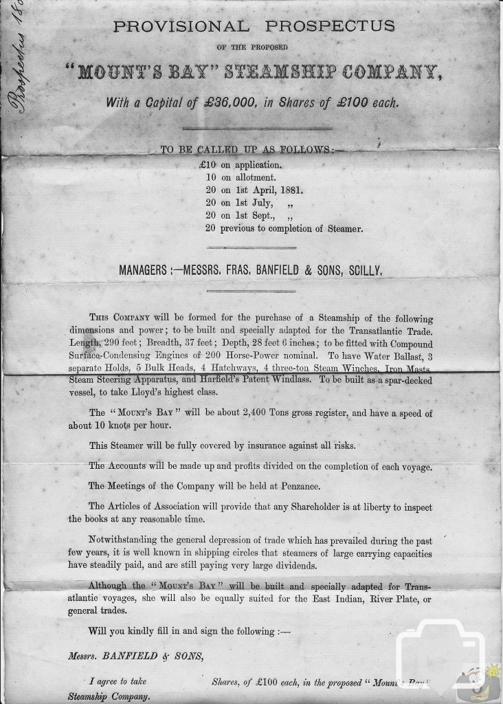 Mounts Bay Steamship Company - Provisional Prospectus - 1881