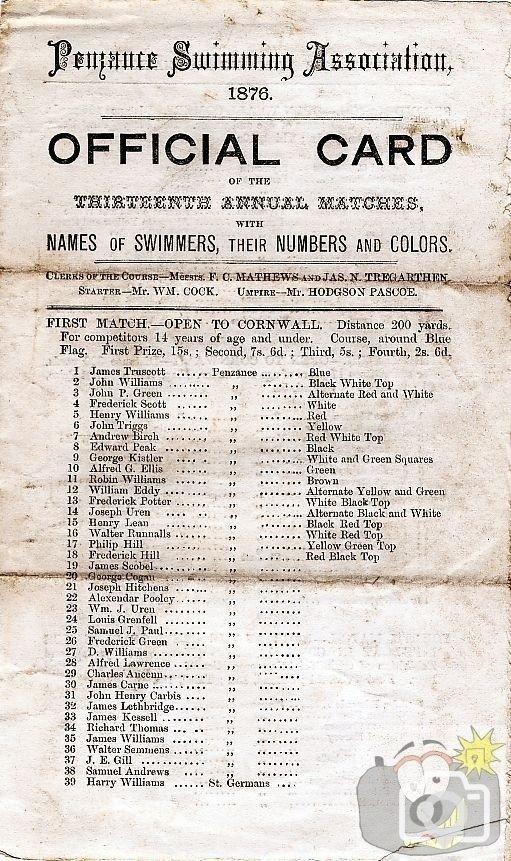 Penzance Swimming Association 1876 Official Card