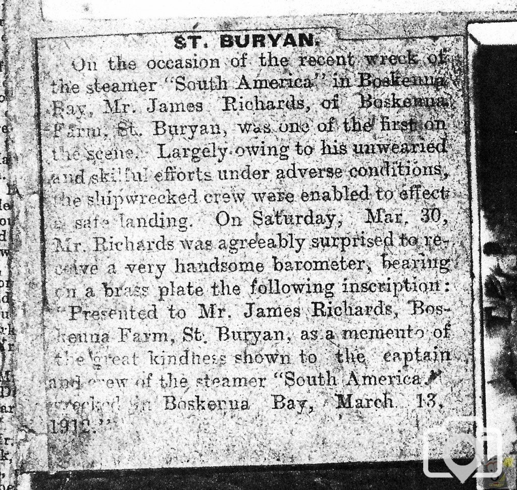 Press cutting re: wreck of SS South America at St Loy 13/03/1912