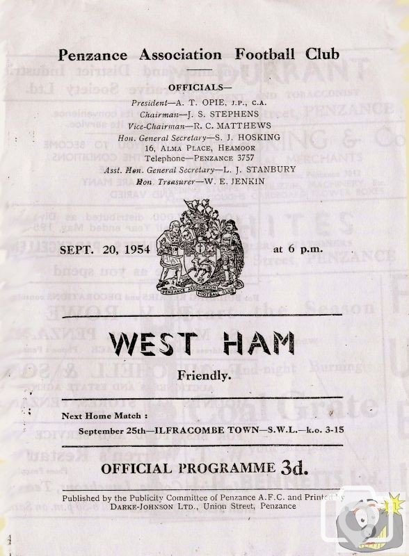 Programme for Penzance v West Ham, 20th Sept., 1954