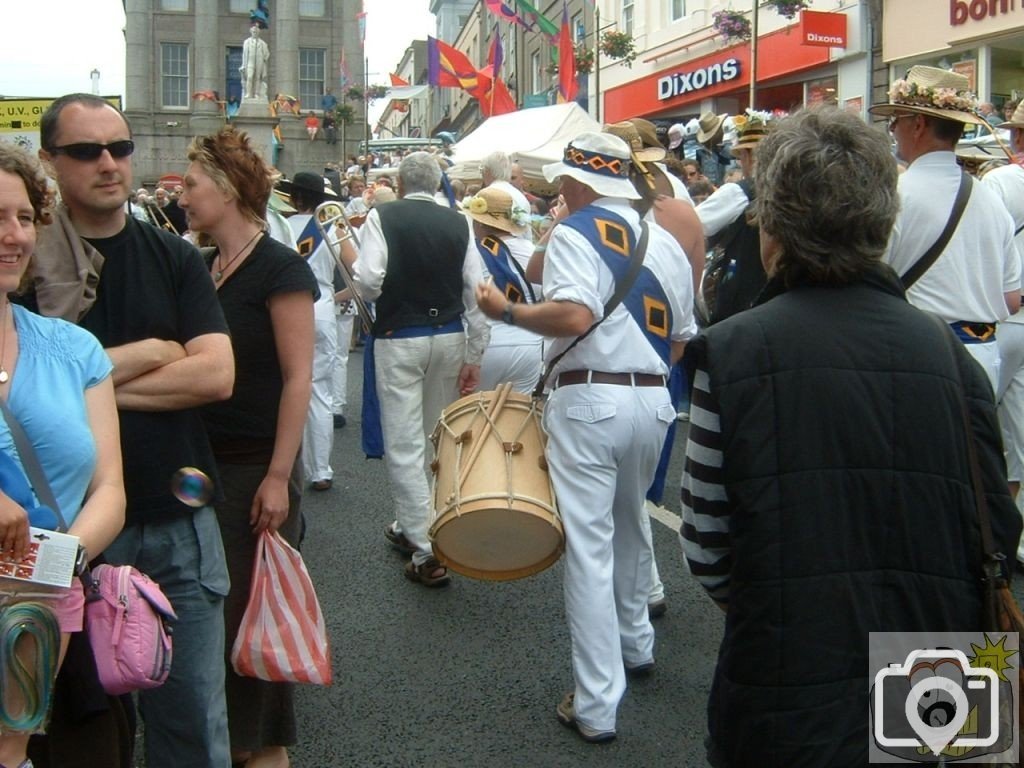 Rear view of drummers in Golowan Band, 2005