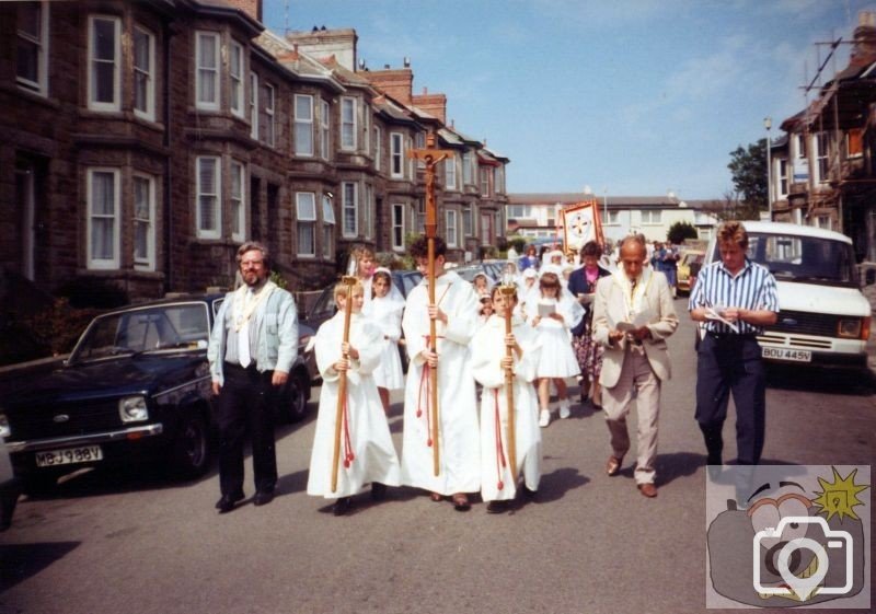 The May Procession, 1990, heads down Barwis Hill