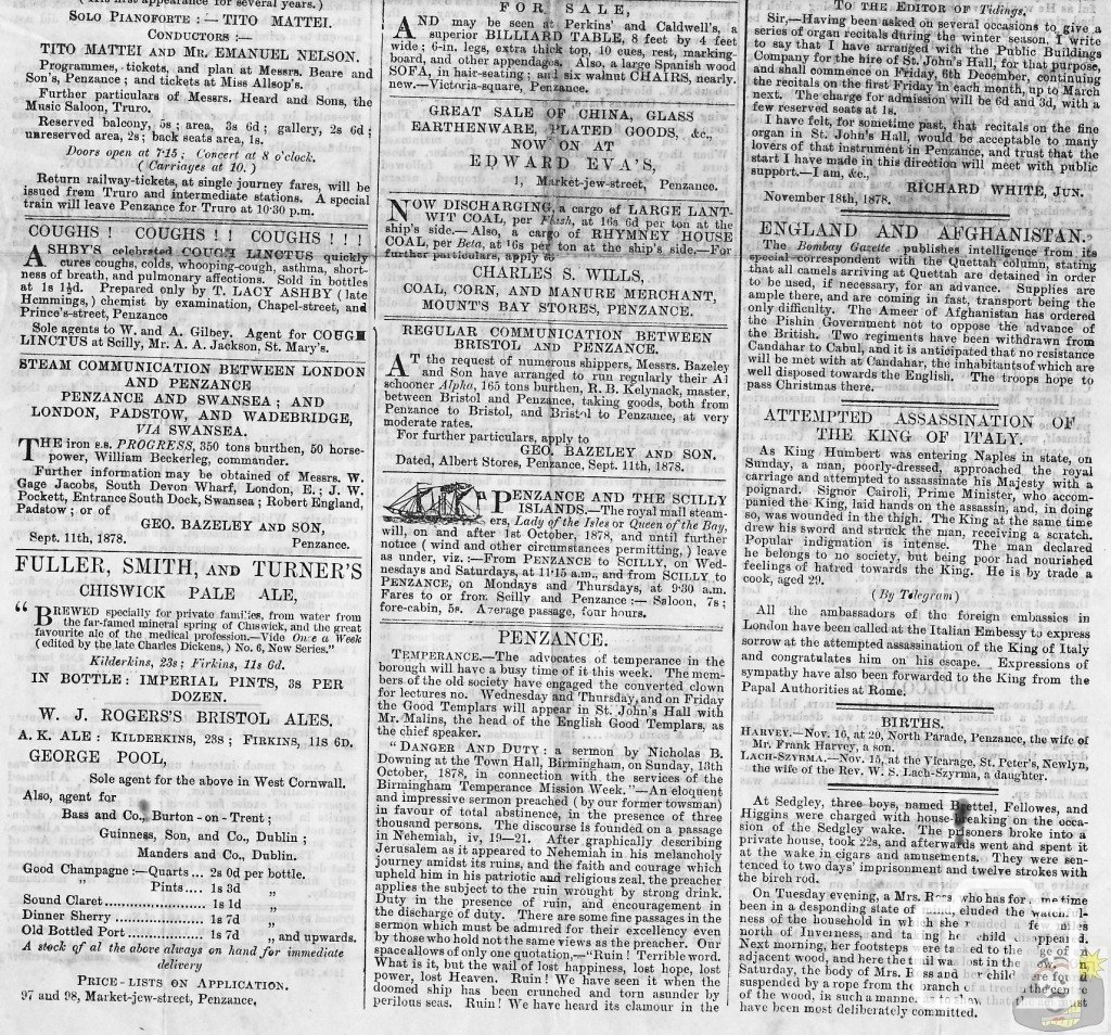 Tidings 18th November 1878 Lower Part Page 1