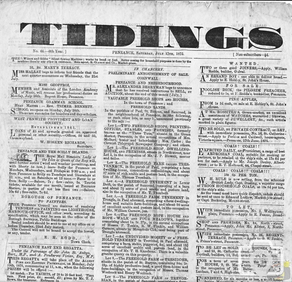 Tidings July 17th 1875 Pg1 Upper Part