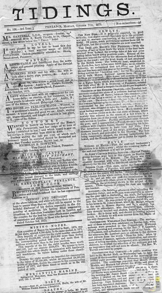 Tidings October 7th 1872 Upper Part Page 1