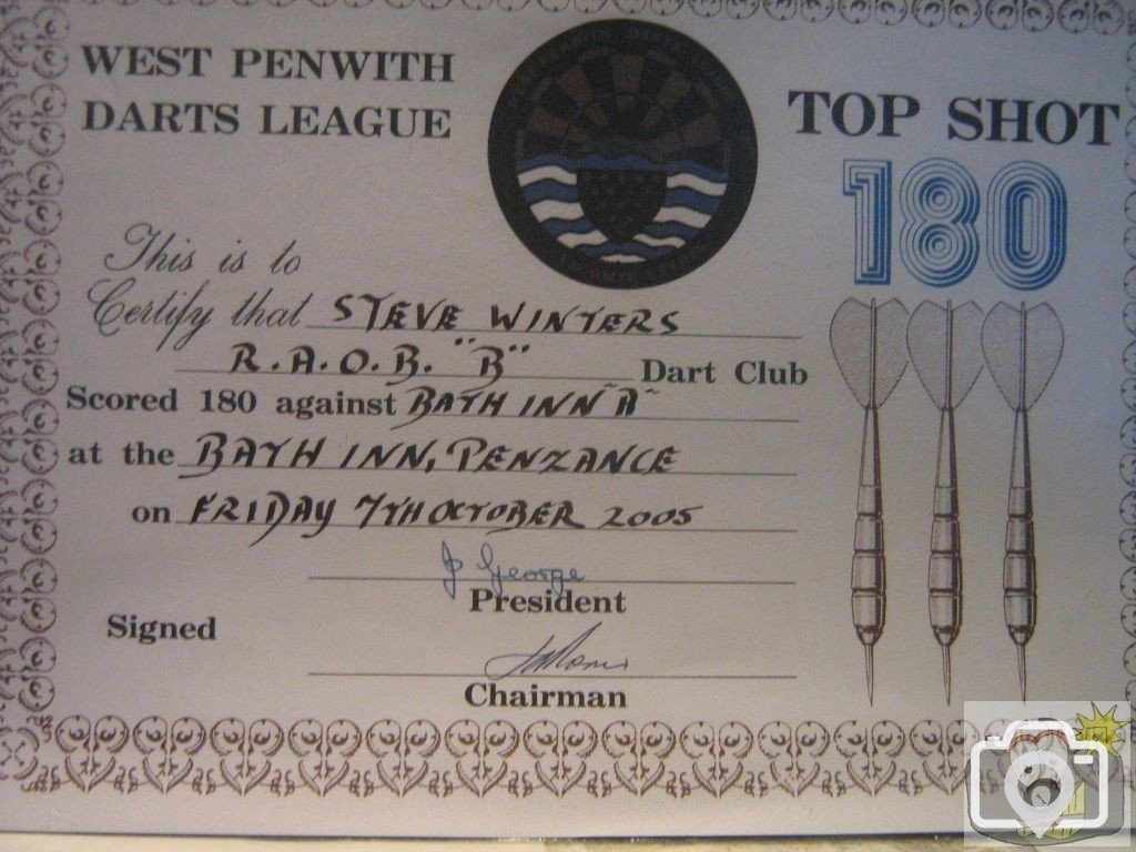 West Penwith darts league 180 certificate
