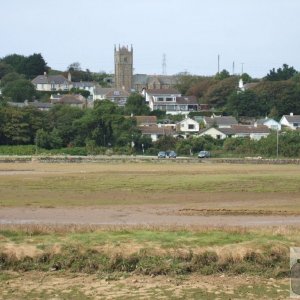 Phillack churchtown across the estuary at low tide