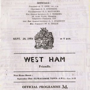 Programme for Penzance v West Ham, 20th Sept., 1954