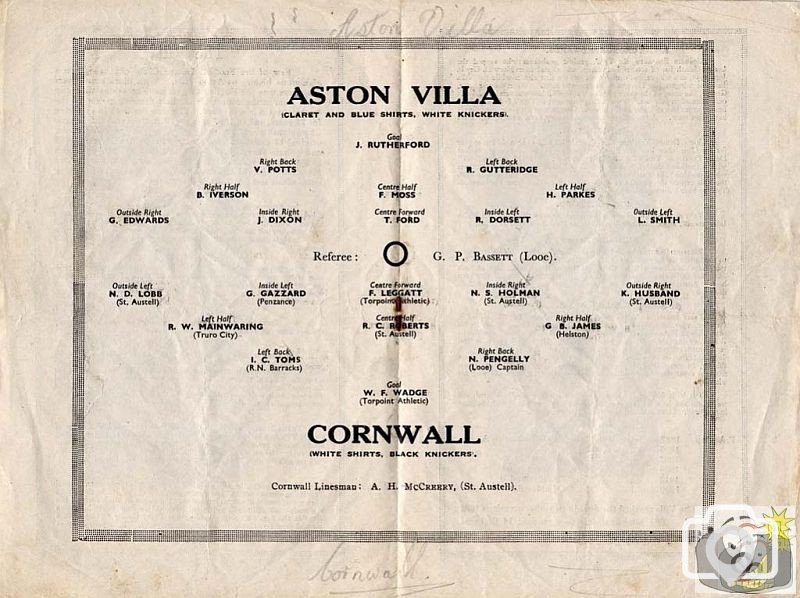 Aston Villa v Cornwall teamsheet