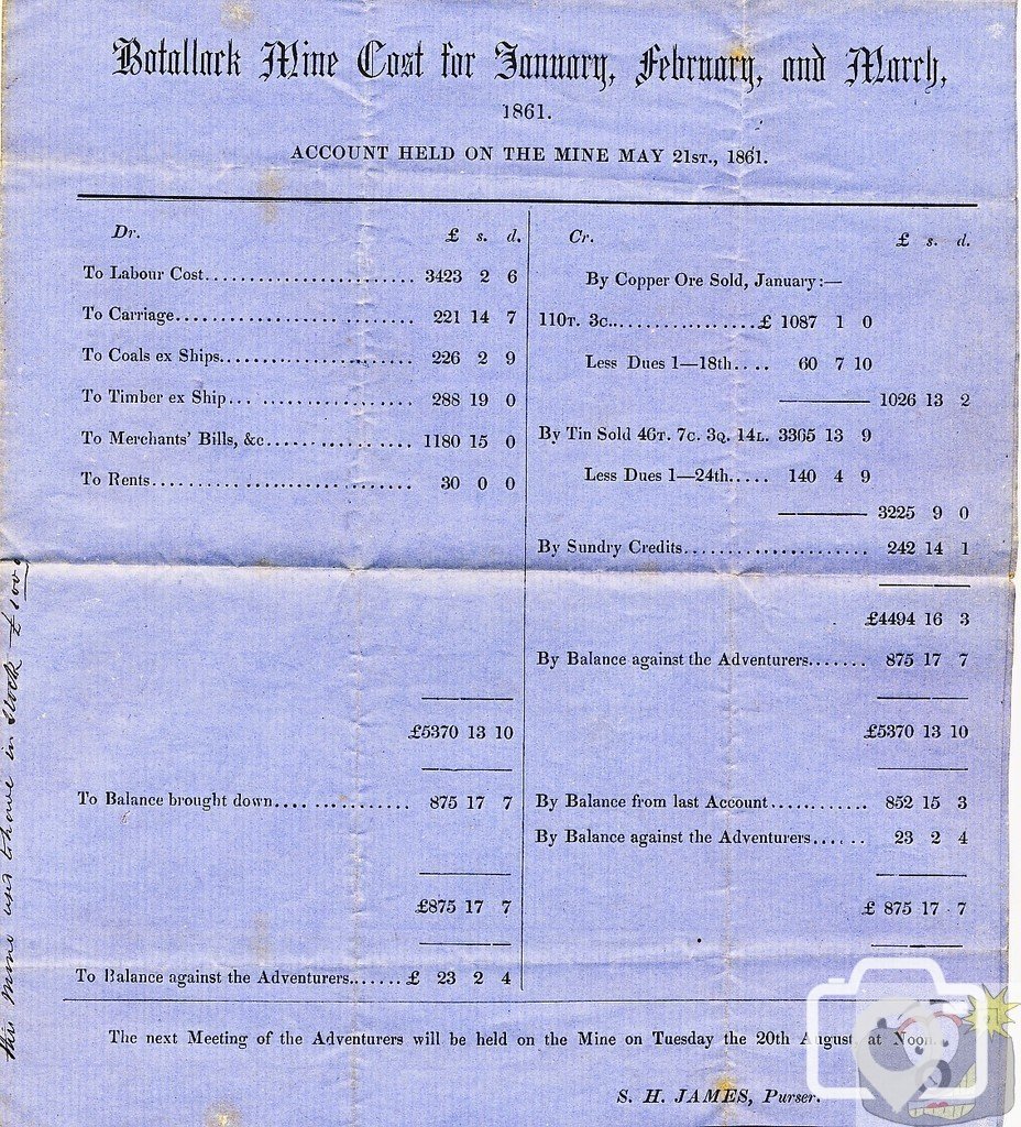 Botallack Mine 1861 - Accounts Q1 1861