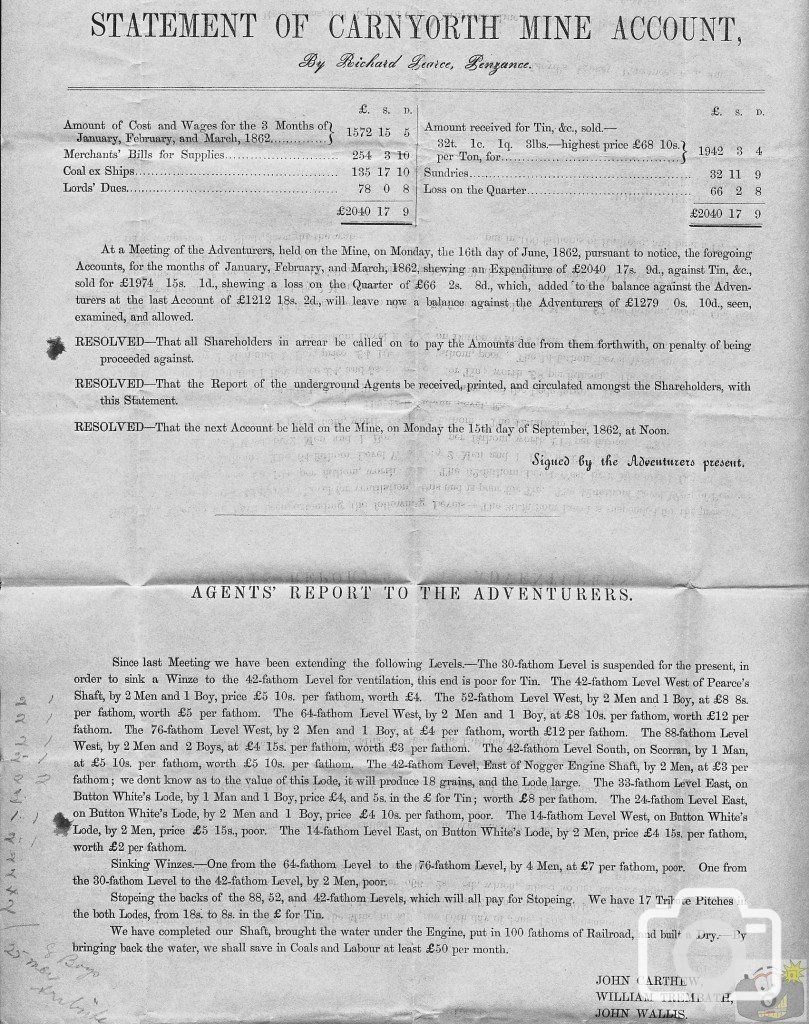 Carnyorth Mine Account 16th June 1862