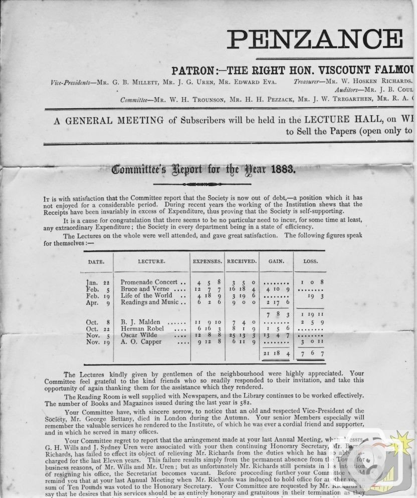 Committe Report for Penzance Institute 1883