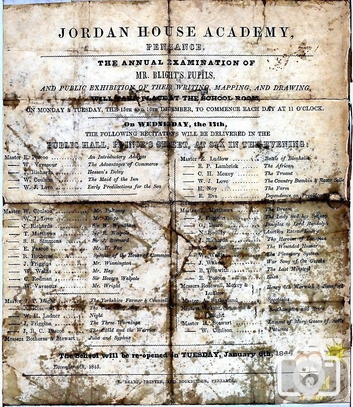 Jordan House Academy - Annual Examination of Mr. Blights Pupils 1845