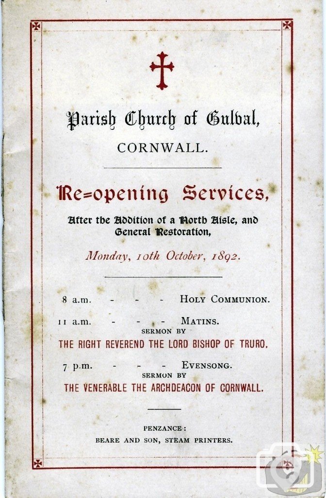 Parish Church of Gulval Re-Opening 1892