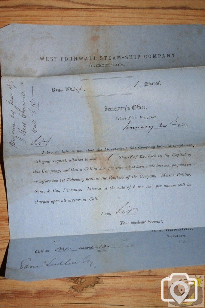 West Cornwall Steamship Company Request for Money